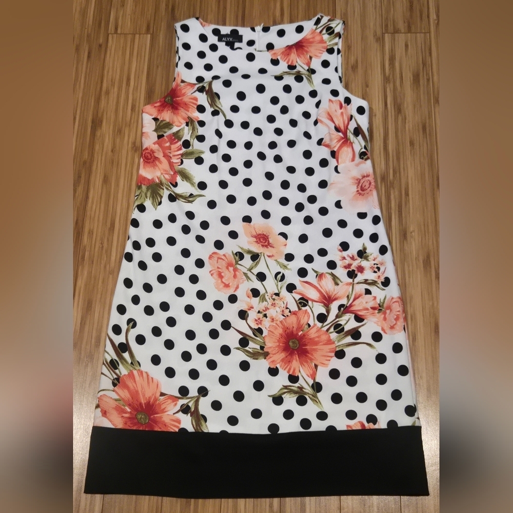 Alyx White Polka Dot Shift Dress with Coral Floral Print